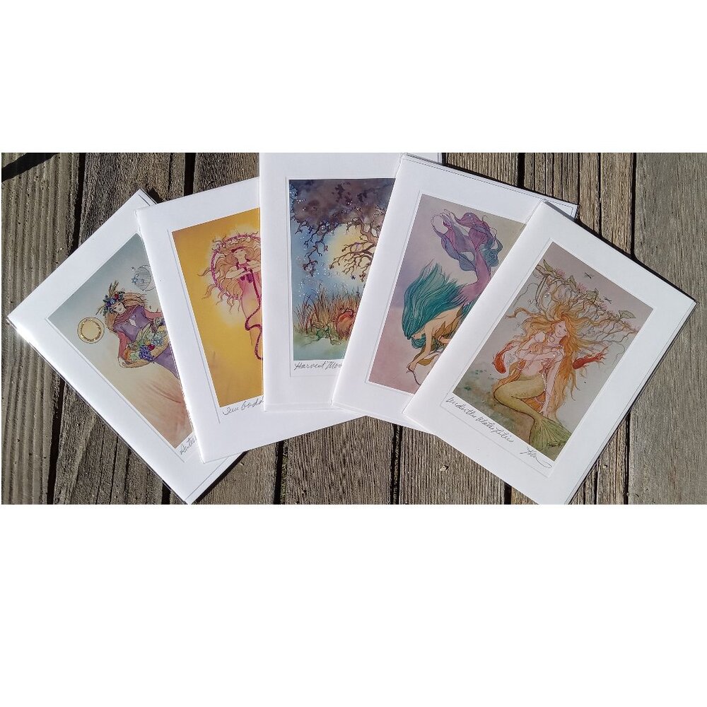 VINTAGE GREETING CARDS~BLANK~MERMAIDS SUN HARVEST SIGNED KAREN BAGNARD~GLITTER